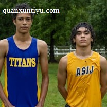 Two young athletes wearing sleeveless sports tops stand on a grassy field. The athlete on the left is wearing a blue top with the word 'TITANS' while the one on the right wears a yellow top with 'ASIJ'. The background features green trees and a white fence, with a bench visible on the right.
